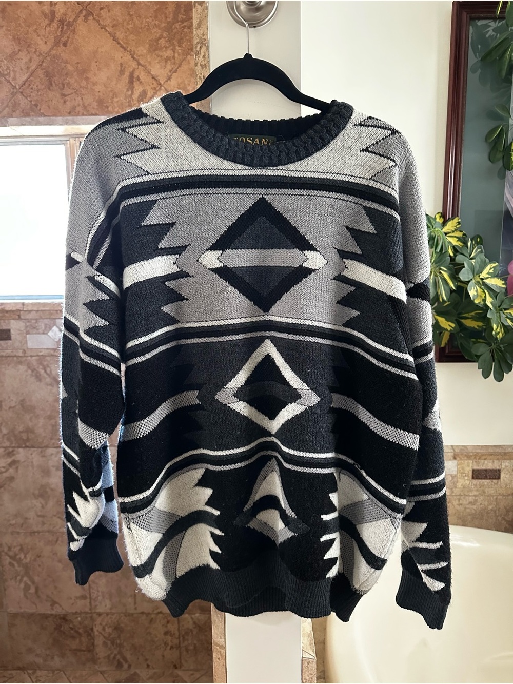 Vintage Tosani Coogi Style Black Gray Geometric Textured Knit Crew Neck Sweater